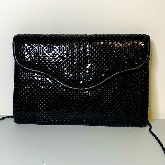 Handbags - vintage black metal mesh bag with leather trim and  chain strap